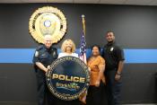 Chief Emeritus Gary Yandura, Rep. Lucy McBath, Clinician Victoria Williams and Lt. Abrem Ayana at the Brookhaven Police station 