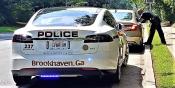 Brookhaven’s first electric vehicle, the 2015 Tesla S, at a routine traffic stop.
