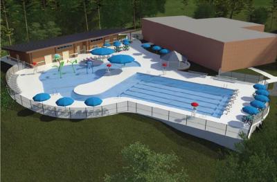 Rendering highlights Briarwood Park’s new pool with zero-entry, cooling spray features, and a 6-lane competitio