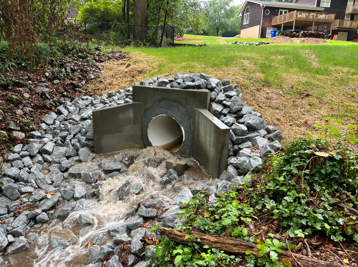 Discharge through the rehabilitated drainage system at 3188 Lanier Drive